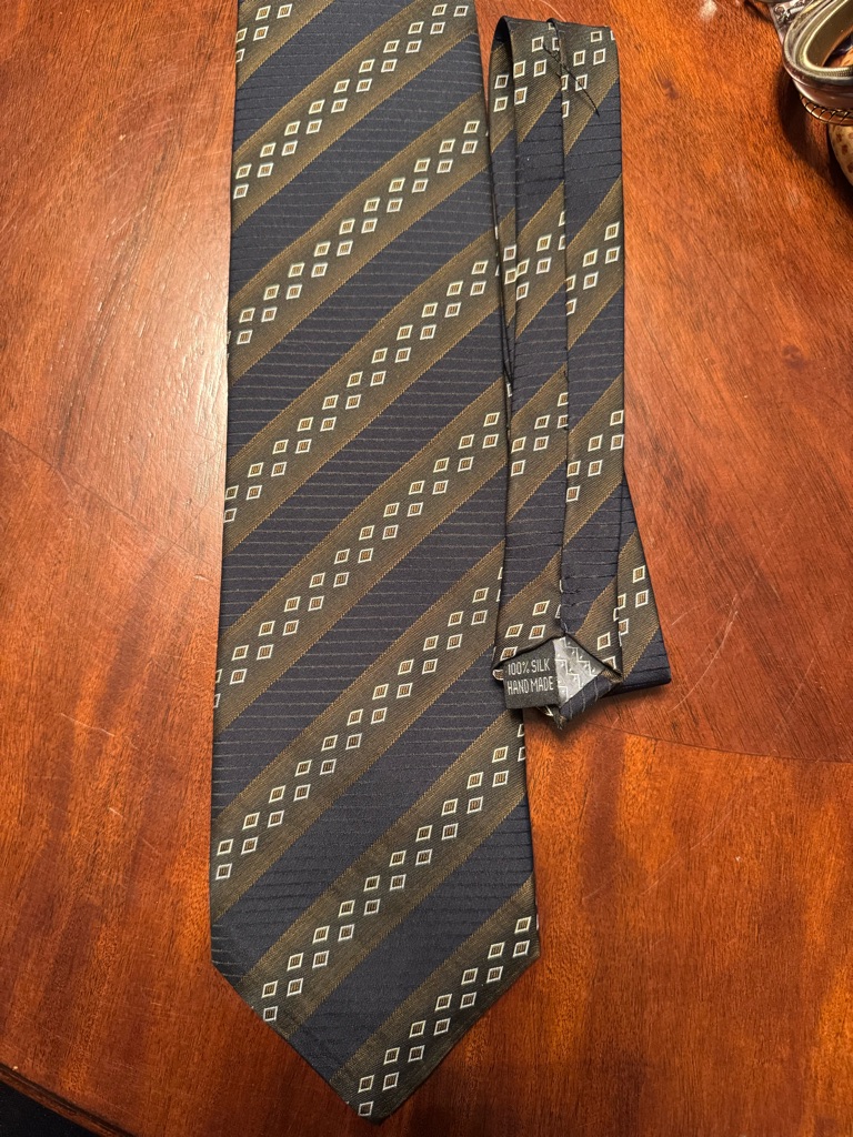 Hermes Navy Blue And Olive Green Diagonal Stripe Silk Tie